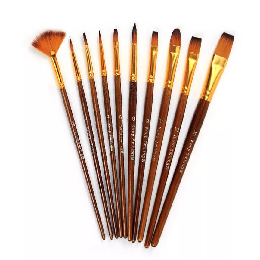10Pcs Multi Shapes Paint Brush Set for Acrylic, Watercolor, Oil & Craft Painting | Professional Nylon Art Brushes