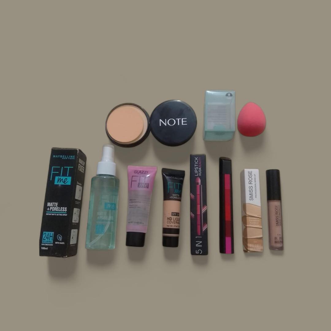 All In One Bundle Makeup Deal 7 in 1 Kit – Foundation, Primer, Concealer, Compact Powder, Lipstick, Makeup Fixer & Beauty Blender | Complete Makeup Set for Women