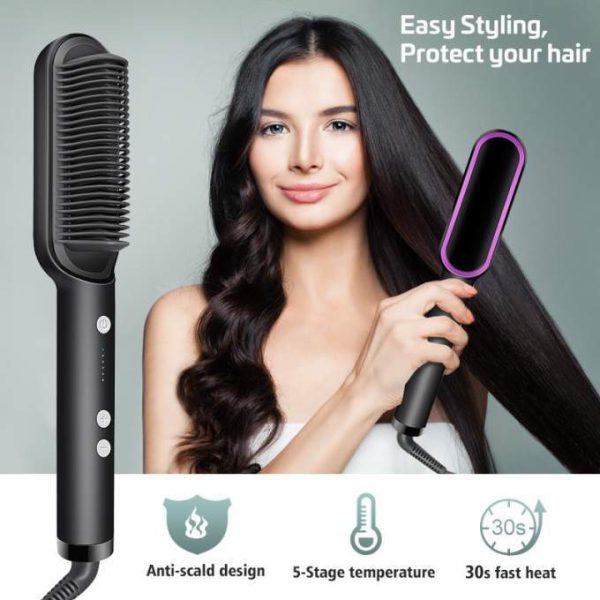 HQT-909B Electric Professional Hair Straightening Brush | Ceramic Hair Straightener Comb with Adjustable Temperature | Anti-Scald Hair Styling Brush – Random Color