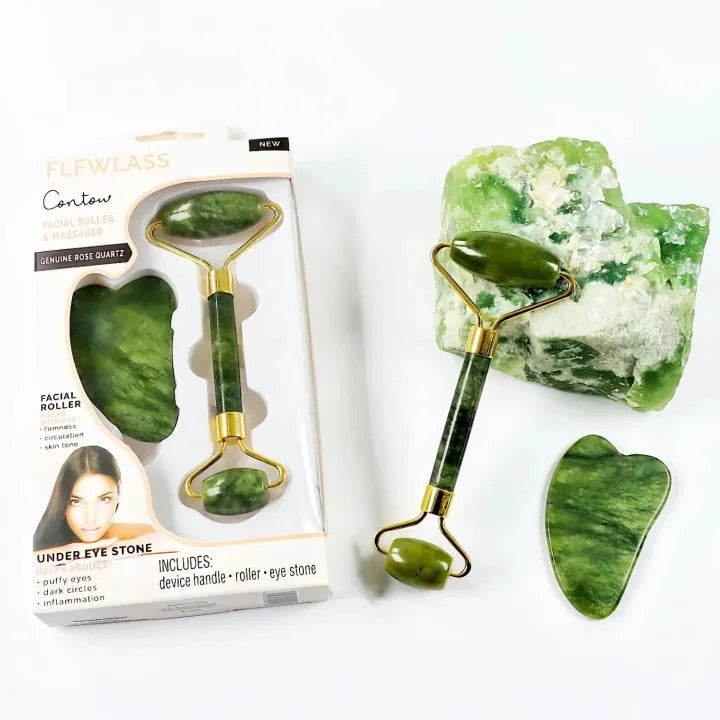 Jade Roller Facial Massager with Gua Sha Tool | Natural Skincare Set