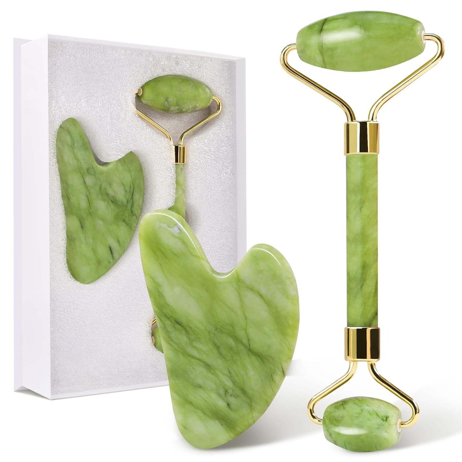 Jade Roller Facial Massager with Gua Sha Tool | Natural Skincare Set
