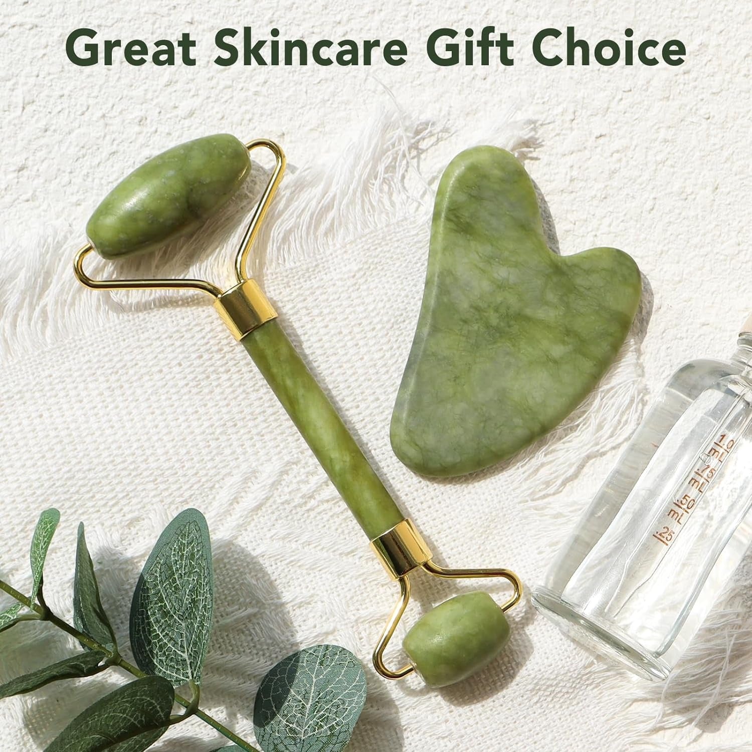 Jade Roller Facial Massager with Gua Sha Tool | Natural Skincare Set