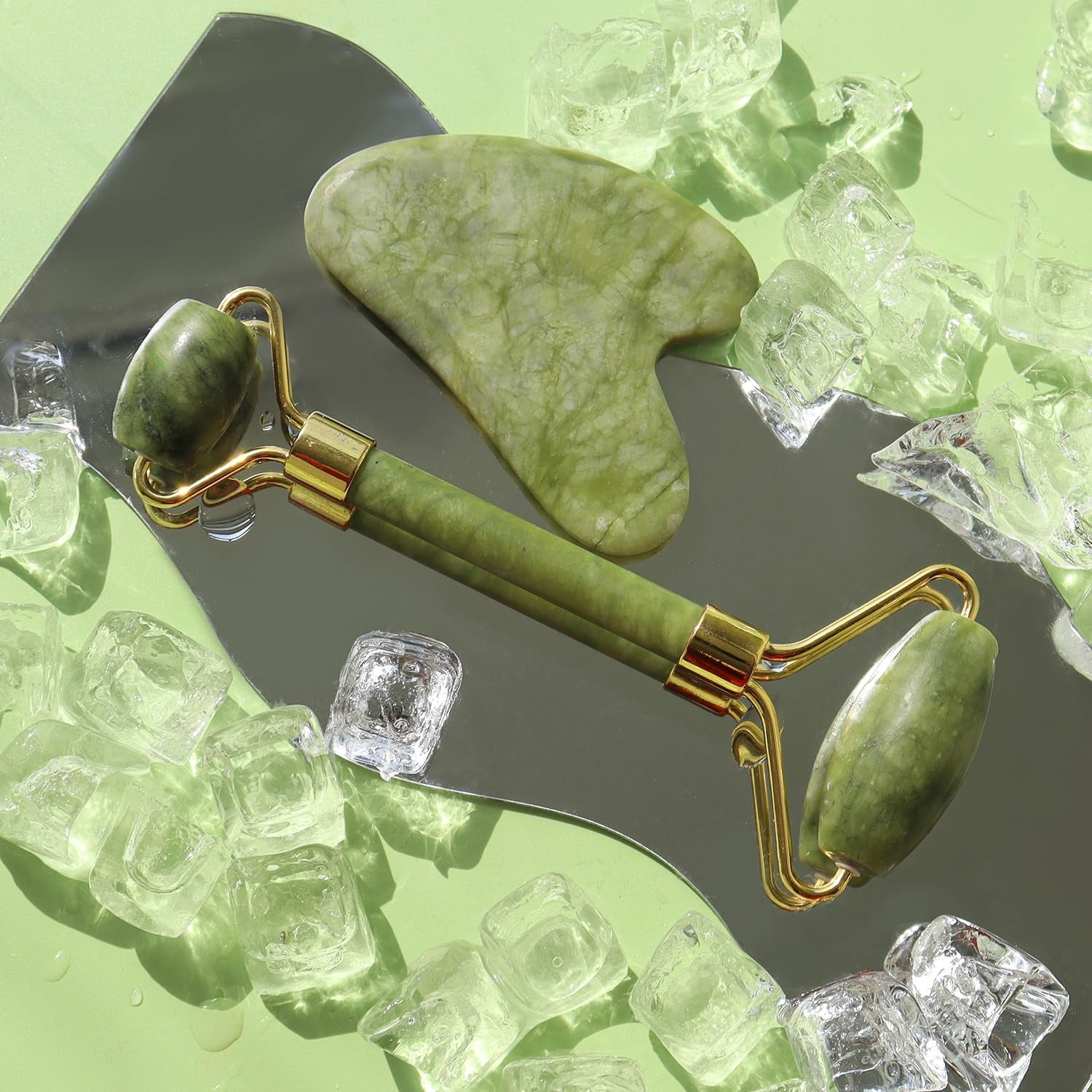 Jade Roller Facial Massager with Gua Sha Tool | Natural Skincare Set