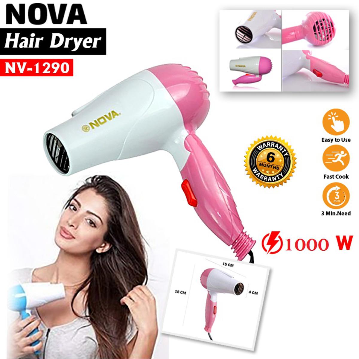 Nova Hair Dryer NV 1290 Quick Dry Foldable Hair Dryer | Fast Heat Compact Travel Hair Styling Dryer