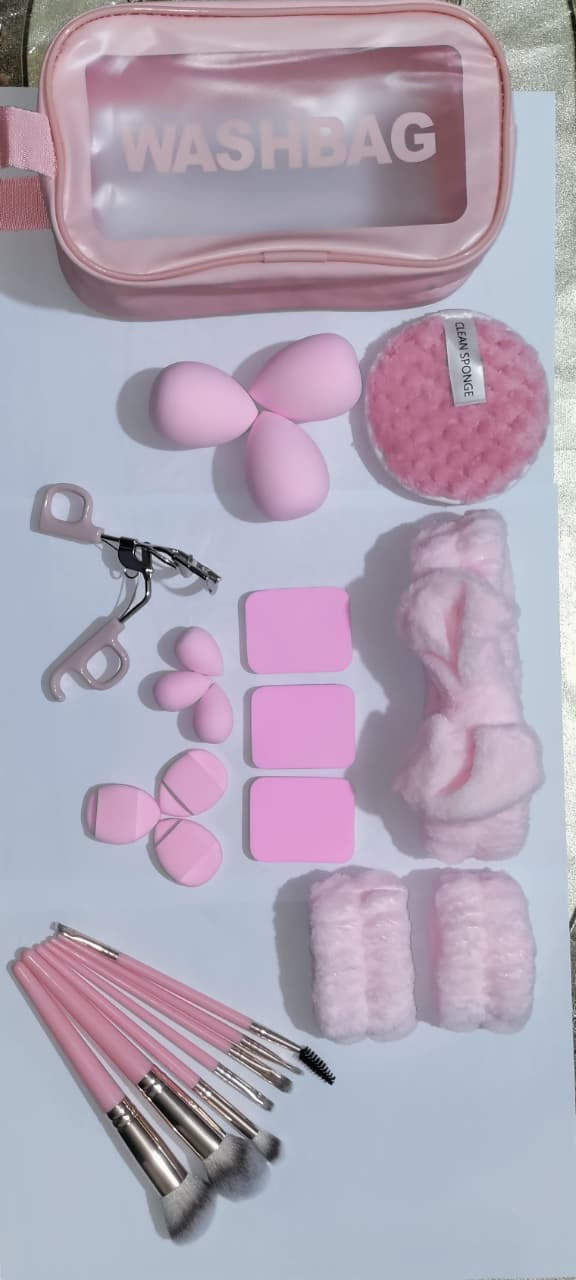 24 In 1 Makeup Kit with Travel Washbag, Brushes, Beauty Blender, Puffs & Eyelash Curler | Complete Makeup Accessories Set for Women (Brown)