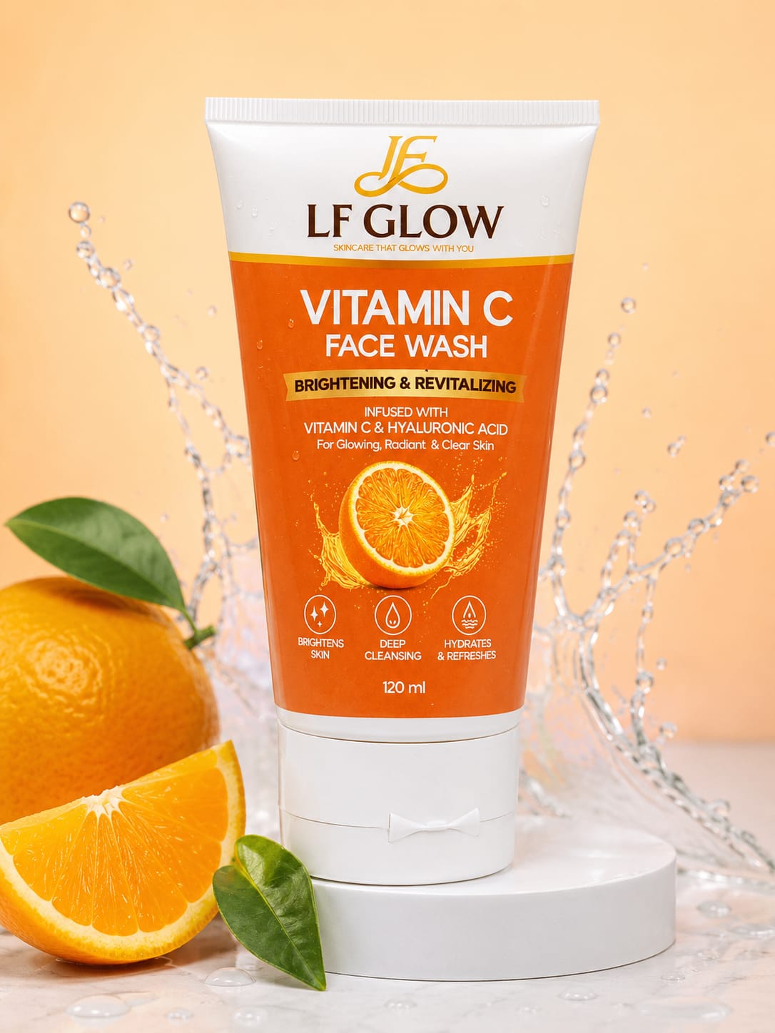 LF GLOW Vitamin C Face Wash 120ml – Brightening & Hydrating Face Cleanser with Hyaluronic Acid