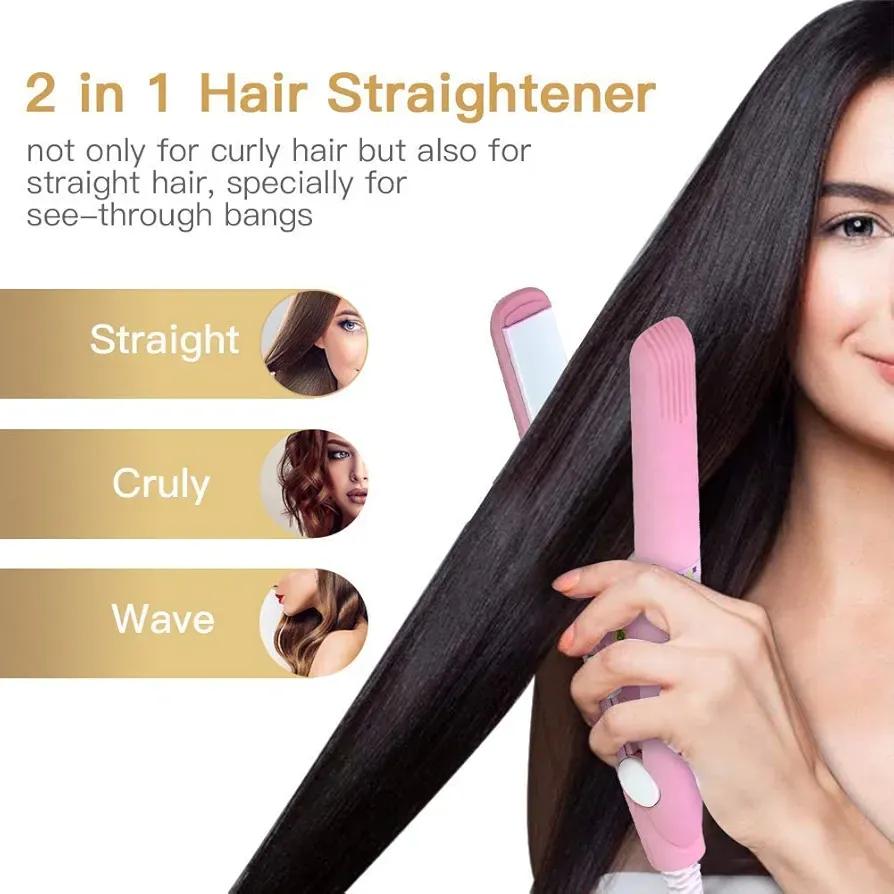 2-in-1 Mini Hair Straightener & Curler | Portable Ceramic Flat Iron for Dry & Wet Hair | Travel Hair Styling Tool | Random Color