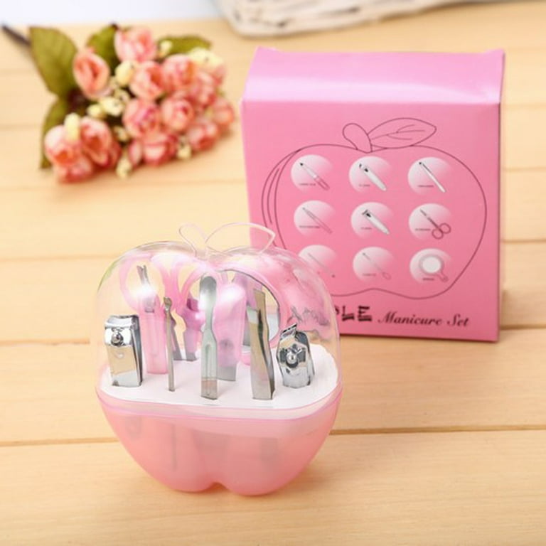 8 Pcs Apple Manicure Set ABS Plastic Mani Pedi Kit Pink | Portable Nail Care Tool Set for Home & Travel