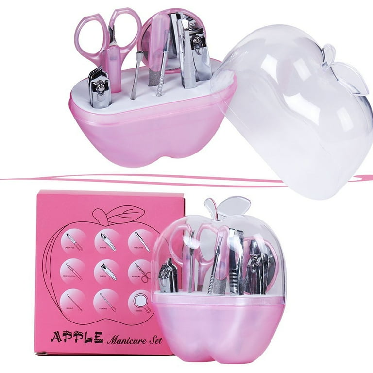 8 Pcs Apple Manicure Set ABS Plastic Mani Pedi Kit Pink | Portable Nail Care Tool Set for Home & Travel