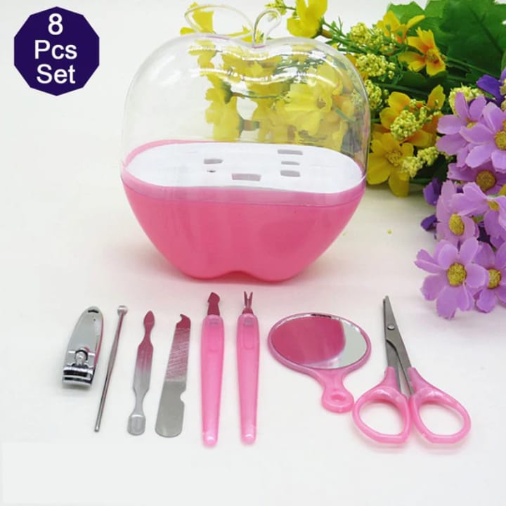 8 Pcs Apple Manicure Set ABS Plastic Mani Pedi Kit Pink | Portable Nail Care Tool Set for Home & Travel