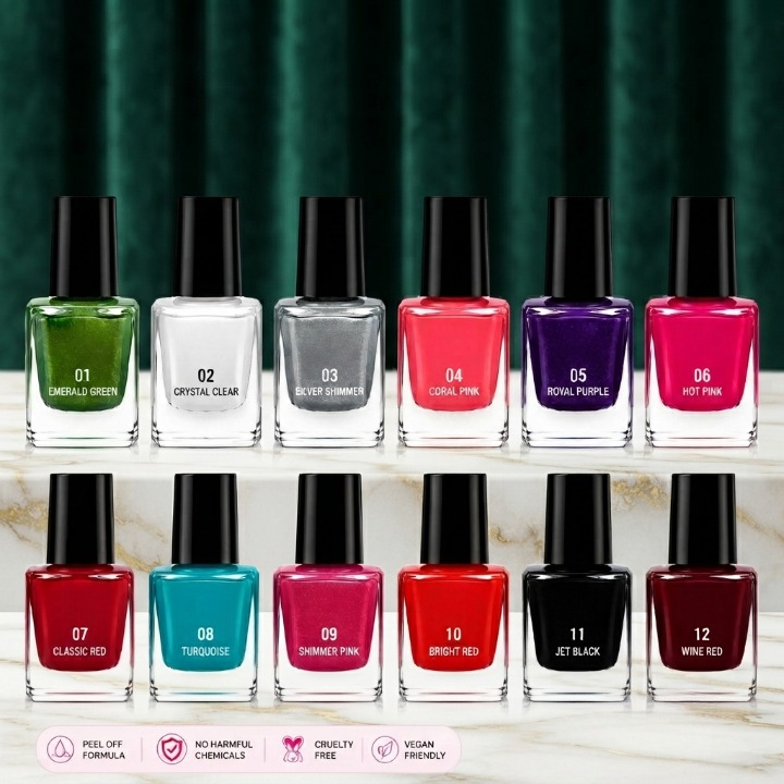 Pack of 12 Peel Off Nail Paints (Random Colors) – Easy Peel Nail Polish Set for Quick Dry, Vibrant Nails & Mess-Free Removal