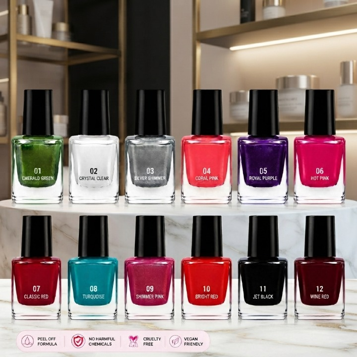 Pack of 12 Peel Off Nail Paints (Random Colors) – Easy Peel Nail Polish Set for Quick Dry, Vibrant Nails & Mess-Free Removal