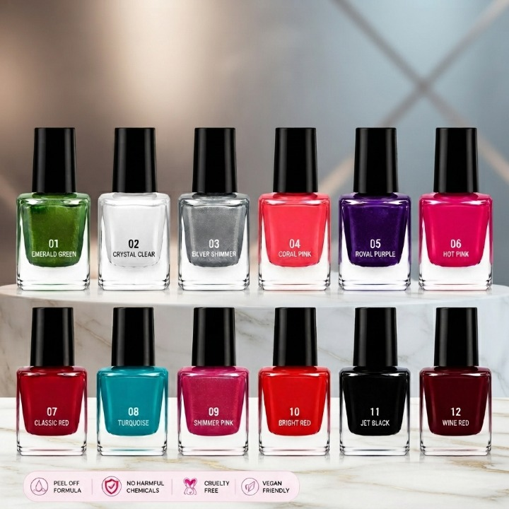 Pack of 12 Peel Off Nail Paints (Random Colors) – Easy Peel Nail Polish Set for Quick Dry, Vibrant Nails & Mess-Free Removal