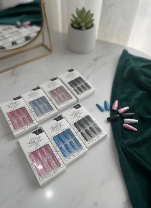 Multicolor Glittery Long Stick-On Artificial Nails 12 Pcs | Reusable Press-On Nails for Party & Everyday Glam |