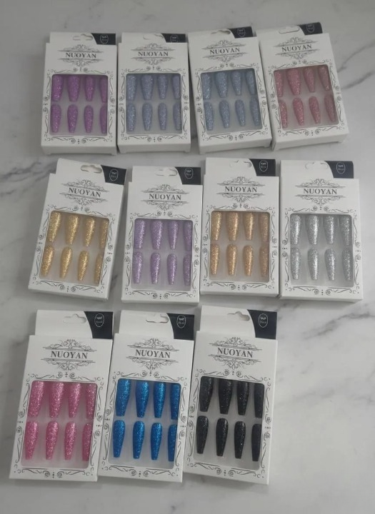 Multicolor Glittery Long Stick-On Artificial Nails 12 Pcs | Reusable Press-On Nails for Party & Everyday Glam |